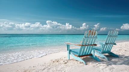 Obraz premium Two blue chairs on a sandy beach