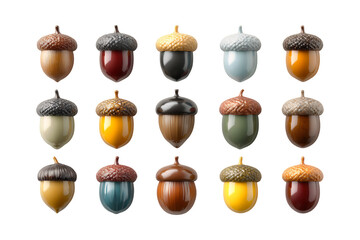 Collection of diverse decorative acorns with caps in various natural hues and shiny finishes arranged artistically on a solid surface isolated on transparent background