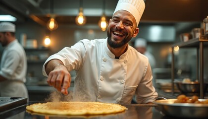 Happy chef expertly prepares crepes on hot plate in pro kitchen. Smiling cook focuses intently skillfully spreading batter creating delicious breakfast food. Warm lighting highlights culinary scene.