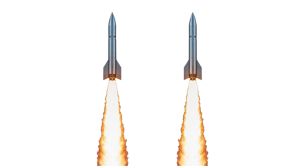 Pair of rockets launching with extreme power and fiery exhaust trails isolated PNG with Transparent Background