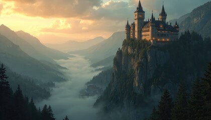 Majestic castle stands on cliff. Scenic landscape with mountains, fog. Medieval architecture with towers. Ancient fortress with forest around. Fairytale vista with cloudy sky for travel themes