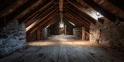 Obraz premium A forgotten attic corner where dust motes dance in slanted sunlight revealing a weathered leather trunk and a stack of old handwritten letters