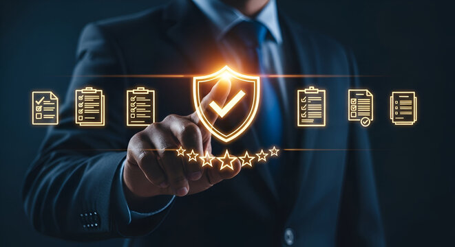 Businessman touching a glowing shield with checkmark and stars