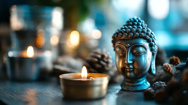 Buddhist background for poster use, under gentle natural light, highlighting serene temple elements and spiritual calm, serene cultural scene, calm meditative lighting, with copy s