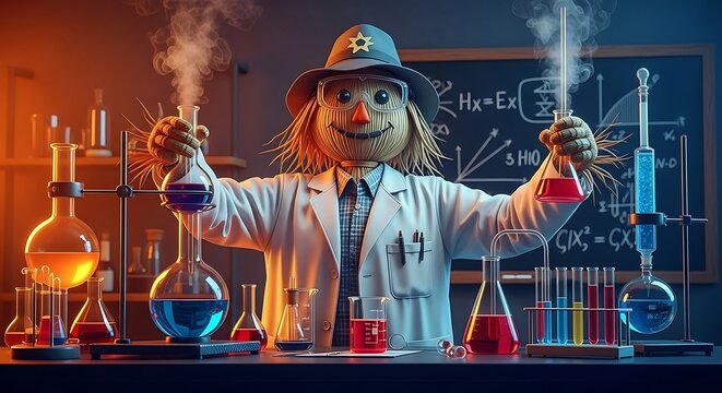 Scarecrow scientist in lab coat holding beakers with colorful liquids
