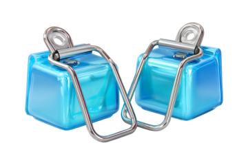 Pair of glossy blue cube-shaped charms with silver bail clasps isolated on a dark surface isolated on transparent background