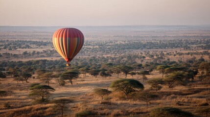 Obraz premium A hot air balloon is floating in the sky above a vast, empty plain. The balloon is yellow and red, and it is the only object in the scene. The sky is clear and the sun is low in the sky