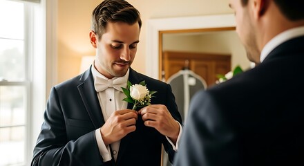 Groom adjusting boutonniere before wedding ceremony, assisted by best man.
