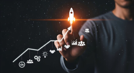 Businessman touching rocket launching on growth chart