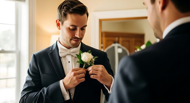 Groom adjusting boutonniere before wedding ceremony, assisted by best man.