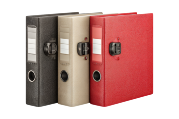 Three archival document binders in red gray and beige stand side by side in a studio setting isolated on transparent background