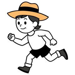 Cartoon child wearing a hat and shorts running with energy silhouette isolated on white background