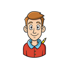 Cartoon boy with brown hair wearing a red shirt and blue collar holding a yellow pencil silhouette isolated on white background