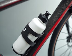 Bike water bottle attached to cycle. White bottle in holder mounted on frame. Sport equipment closeup. Cycling gear for mountain or road riding accessory. Exercise object for cyclist hydration.