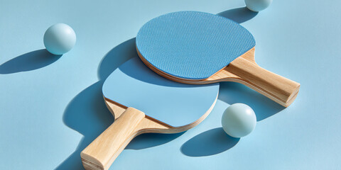 Vibrant Blue Table Tennis Paddles and Ball in Motion on a Soft Pastel Court for Dynamic Sports Action and Recreational Game Play