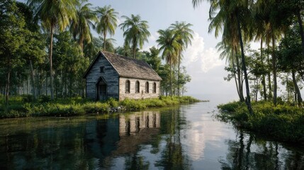 Flooded streets on tropical island post hurricane concept. Scenic view of an old house by a tranquil water body surrounded by trees.