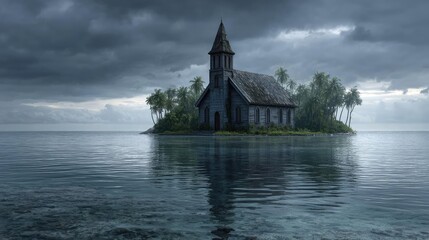 Obraz premium Flooded streets on tropical island post hurricane concept. A serene view of a church on a remote island under a cloudy sky.