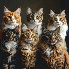 Six cats of varying colors, posed in a studio, looking at the viewer