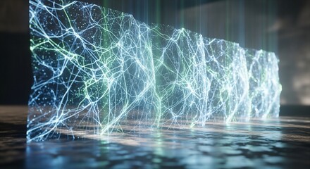 Abstract Neural Network Visualization with Glowing Blue and Green Lines.