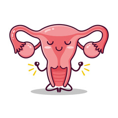 Cartoon Uterus Character Meditating in Yoga Pose.