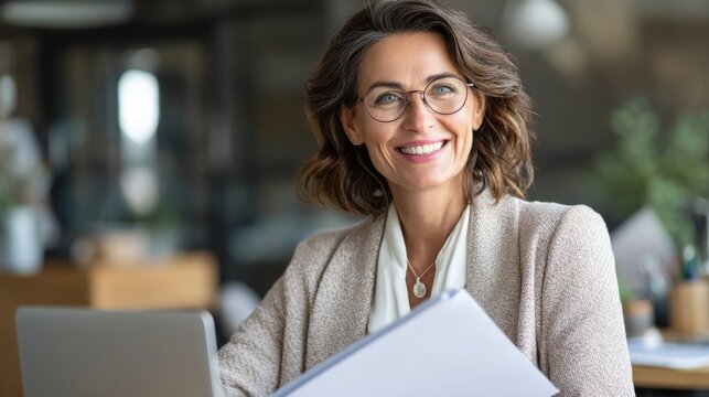 A woman wearing glasses and a white blouse is smiling and holding a piece of paper. She is sitting at a desk with a laptop and a book. Concept of productivity and positivity - Powered by Adobe