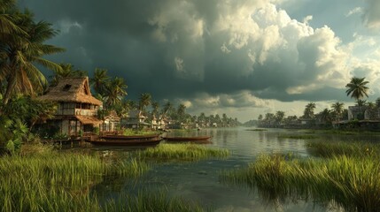 Fototapeta premium Flooded streets on tropical island post hurricane concept. Serene river landscape with lush greenery and dramatic clouds.