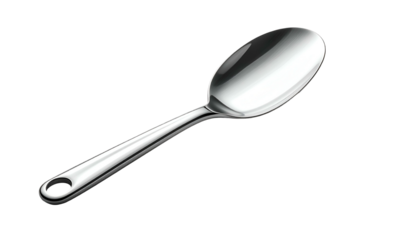 Shiny, curved metal spoon with a small hole on black backdrop