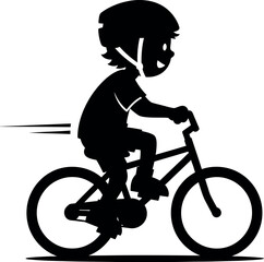 Naklejka premium Silhouette of a child in a helmet riding a bicycle with speed lines indicating motion vector