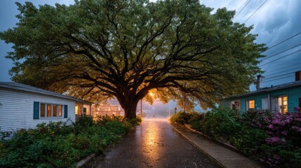 Fallen tree on house roof after hurricane concept. A majestic tree illuminating the path during a rainy evening.