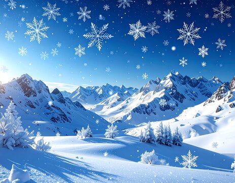 Snowflakes drift above snowy mountains, under a clear, winter sky