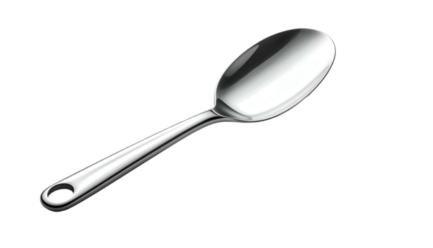 Shiny, curved metal spoon with a small hole on black backdrop