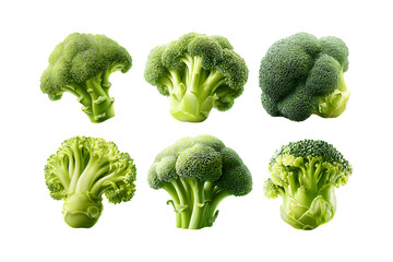 Six fresh broccoli florets arranged in two rows on a dark surface for healthy eating and culinary inspiration isolated on transparent background