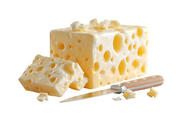 Close-up of a delicious swiss cheese block with holes and a small knife ready for slicing detailed food photography isolated on transparent background