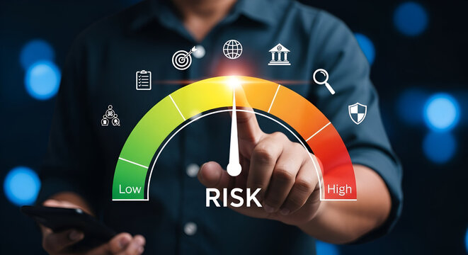 Hand Adjusting Risk Meter with Icons finger touching