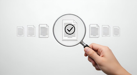 Hand holding magnifying glass over document with checkmark