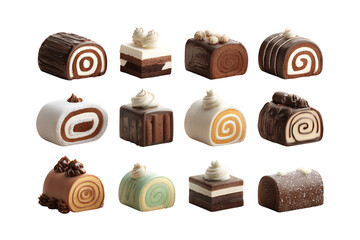 Assortment of delicious miniature swiss rolls and chocolate cakes presented artfully for a sweet dessert photography showcase isolated on transparent background