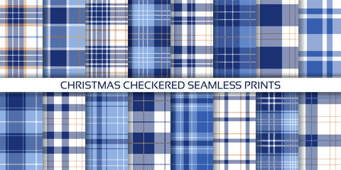 Christmas seamless pattern. Check background. Plaid tartan texture. Blue white flannel textile. Set gingham fabric. Vichy prints. Buffalo checkered backdrop. Lumberjack cloth. Vector illustration