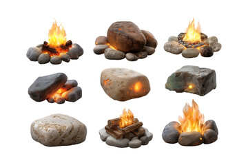 Collection of nine distinct glowing campfires made with rocks and burning flames isolated on a dark setting for adventure themes isolated on transparent background