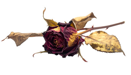 A close-up of a dried, dark red rose with fading petals and stem