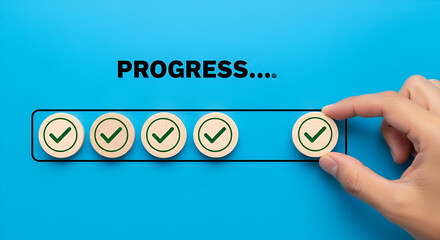 Hand placing last checkmark circle in progress bar