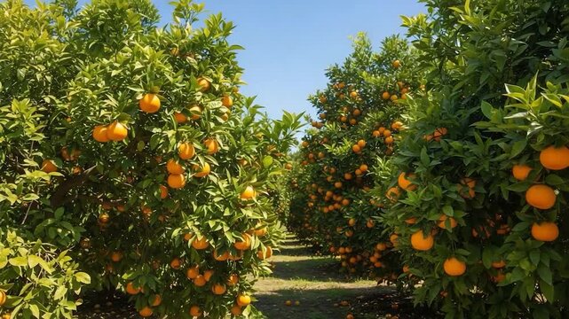 Rows of ripe oranges on trees in an orchard under a clear blue sky.