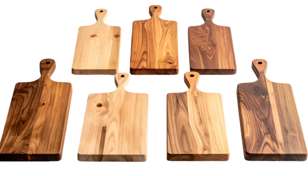 Wooden cutting boards arrayed, each having unique grain patterns