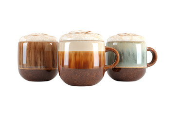 Three frothy beer mugs displayed together full of refreshing golden beer and creamy foam on a simple surface isolated on transparent background