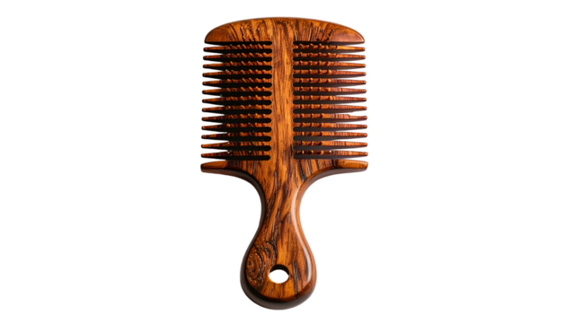 Wooden comb with handle, dual-sided tines, dark grain pattern