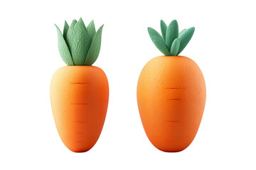 Two freshly harvested orange carrots with green tops isolated on a solid background offering healthy raw food isolated on transparent background