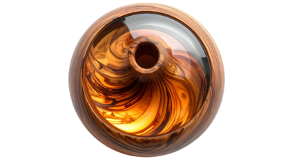Wooden sphere encasing fluid pattern, top view, dark background