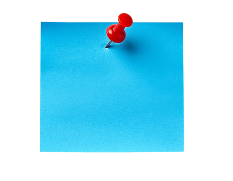 Red push pin stuck on blue sticky note secluded on a plain surface cut out png - Powered by Adobe