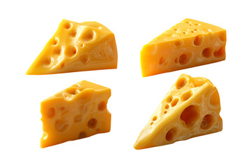 Four triangular slices of swiss cheese with distinctive holes isolated on a solid color background isolated on transparent background