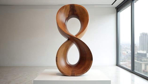 Wooden abstract sculpture in double helix form displayed in bright gallery. Modern minimalist art piece with brown and gold tones. Interior design object.