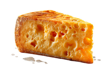 Close up of a wedge of delicious golden cheese with visible holes and crumbs on a dark surface ready for enjoyment isolated on transparent background